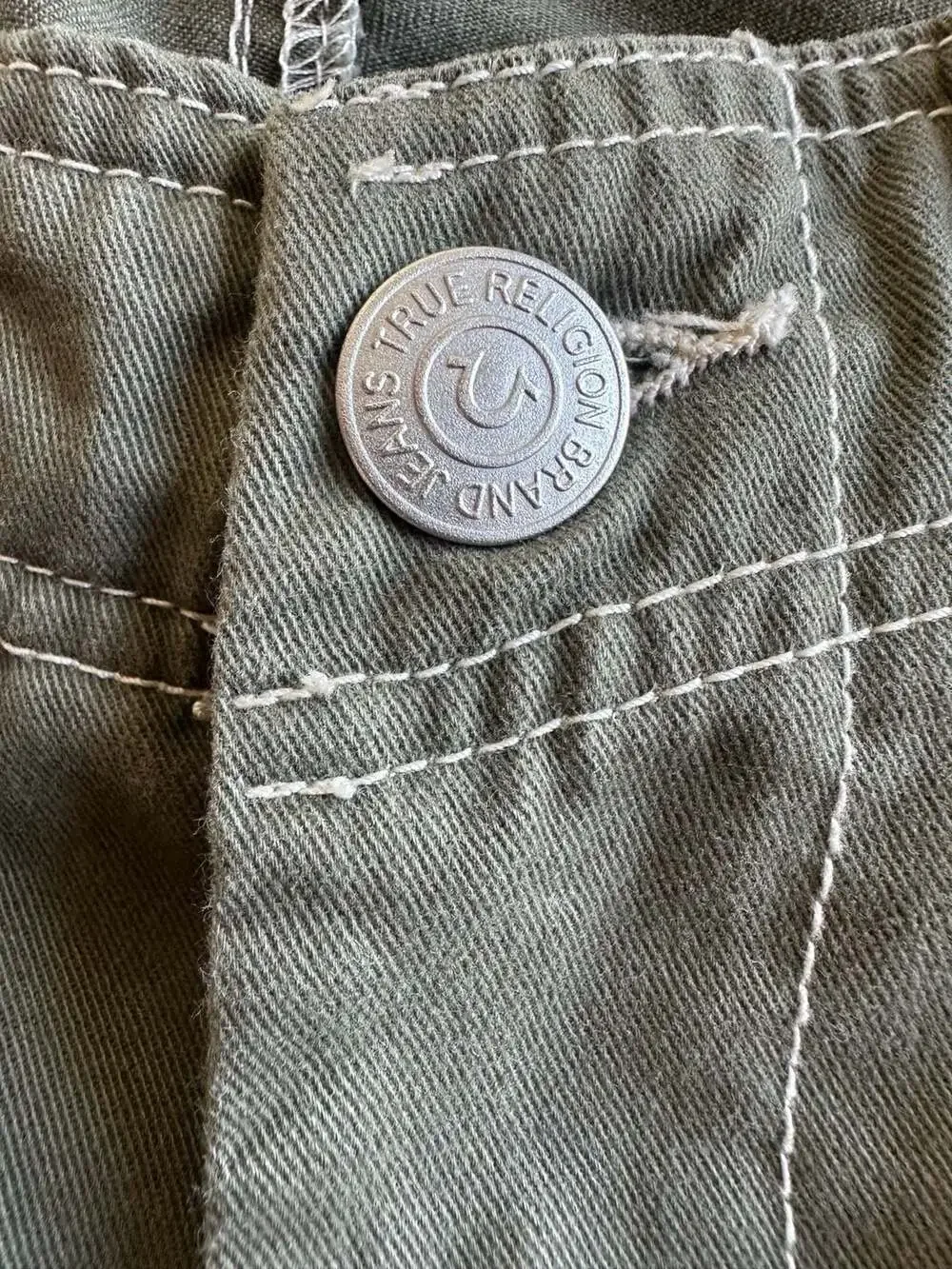 True Religion Olive Green Twill Cargo Pants with Contrast Stitching